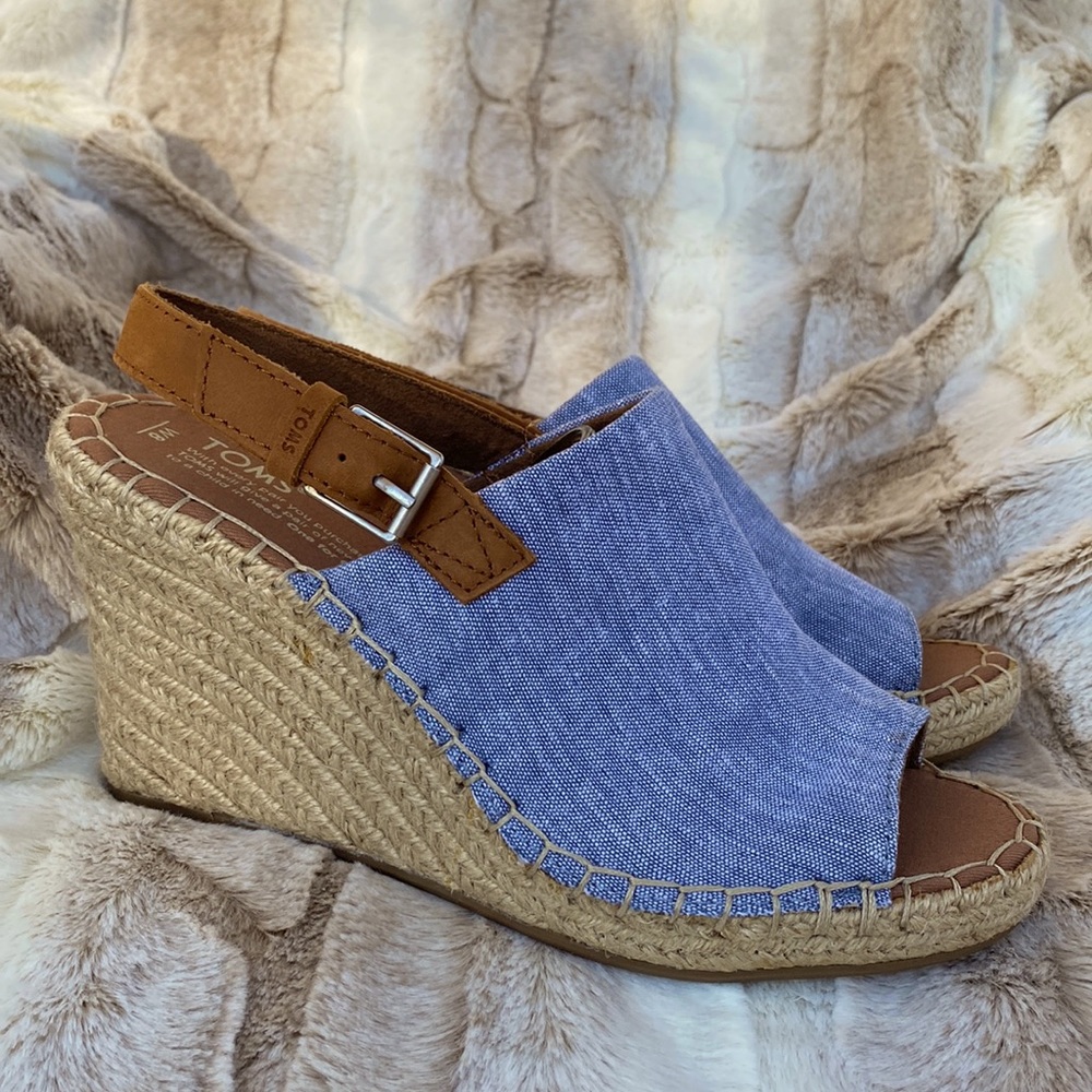 TOMS Monica blue chambray wedge opened-toe espadrille sandal